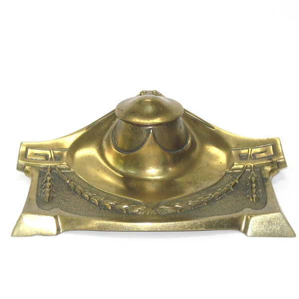 Vintage Antique Art Deco Secessionist Brass Inkwell Ink Stand Pen Holder c. 1920s