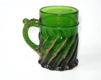 Westmoreland Specialty Glass Co., vaso de limonada de vidrio puritano, verde con cuentas doradas en forma de REMOLINO y bola; mini taza antigua de recuerdo de Gaylord, Michigan