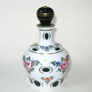 Bohemian White Overlay Cut to Green Cased Hand Painted Enameled Schnapps Decanter- Czech Moser Style Art Glass