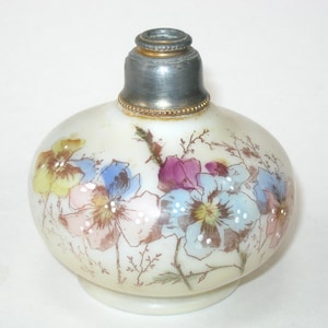 C F Monroe Wave Crest Wavecrest Atomizer Perfume Bottle - Antique Opal Art Glass w/ Handpainted Enamel Flowers