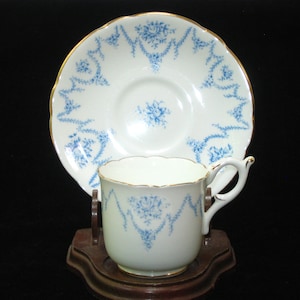 Coalport Pale Blue Floral Garland Swags Demitasse Demi Cup & Saucer #4066 - Vintage c 1950s Fine Bone China England w/ Gold Gilt Trim