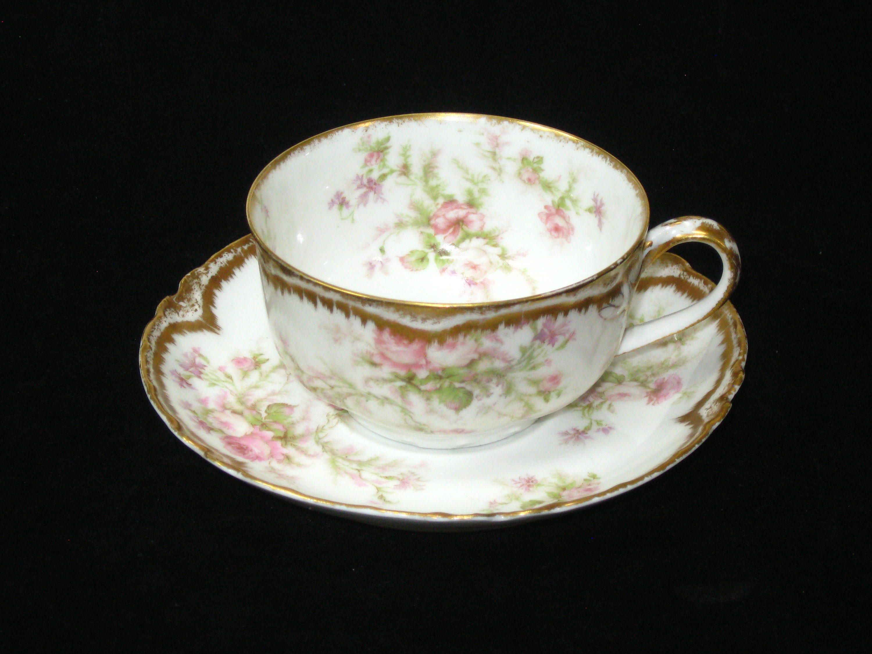 Haviland & Co Limoges Porcelain Double Gold Teacup Cup + Saucer Set Schleiger 31A - Handpainted Pink Roses Antique Turn of Century