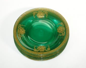Juego de 6 platos Tiffin Franciscan MELROSE de vidrio verde URANIO con incrustaciones de oro de 20 cm para ensalada o almuerzo; vajilla elegante vintage con brillo de luz negra.