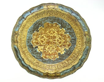 Florentine Gilt Turquoise Blue Tole Tray Large 13"+ Round;  Vintage Toleware Made in Florence Italy w/Original Label