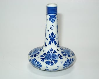 De Porceleyne Fles Royal Delft Handpainted Blue Floral 3.5" Bottle Neck Cabinet Vase Vintage 1969