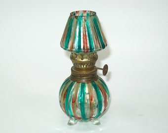 Miniature Ribbed Glass Kerosene Oil Lamp w/ Matching Cone Shade & Enesco Burner; Vintage Christmas Painted Green + Red Stripes