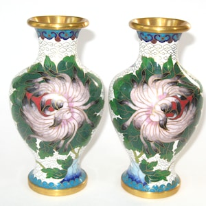Pair Vintage Chinese Cloisonne Enamel on Brass Vases 6.25&quot; Purple Chrysanthemums & Butterfly