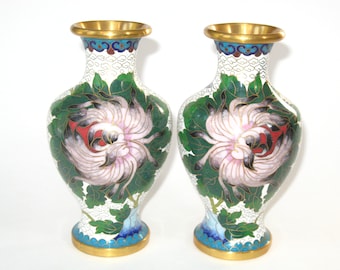 Pair Vintage Chinese Cloisonne Enamel on Brass Vases 6.25" Purple Chrysanthemums & Butterfly