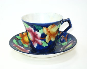 Maling China England Vintage Tube-Lined Cup and Saucer Cobalt Blue w/ Hand Painted Multi Colored Flowers