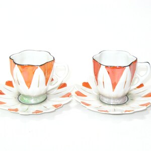2 Rudolph Waechter RW Art Deco Orange Luster Ware Demitasse Cups & Saucers; Antique Floriform German Porcelain