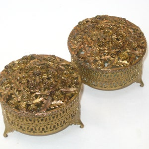 Pair of SAM FINK Stylebuilt Type Gold Ormolu Filigree Jewelry Caskets With Original Label- Vintage Ladies Vanity Jewel Boxes