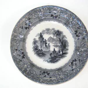 Antique TJ & J Mayer RHONE SCENERY Dinner Plate 1843 Blue Grey Staffordshire English Ironstone Transferware