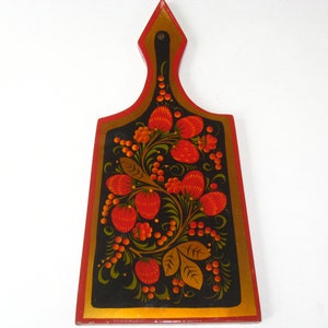 Stunning Norwegian Rosemaling Red & Gold Handpainted Fruits Wood Cutting Bread Board; Vintage Handcrafted Butter Paddle