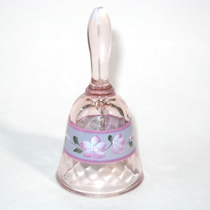 Fenton Glass Pink Opalescent Diamond Optic Dinner Bell Hand Painted Flowers Signed C Mackey