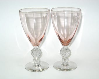 2 Morgantown GOLF BALL Pink 'Anna Rose' Water Goblets 6-5/8"; Vintage Depression Glass Barware