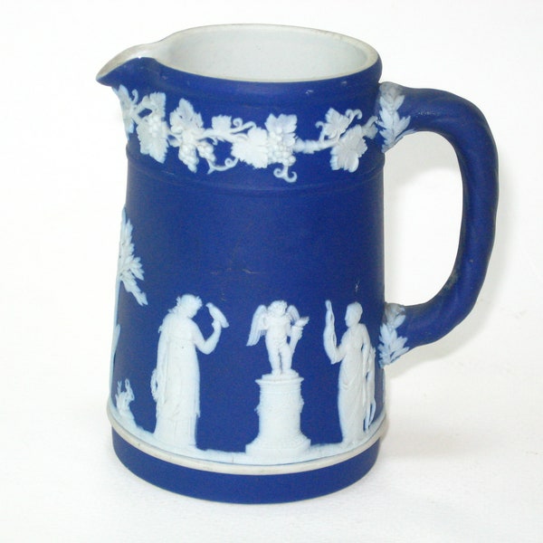 Vintage Wedgwood Dark Blue Dip Jasperware Creamer Mini Pitcher OLYMPUS w/ Classical Figures, Cupid, Muses 1940s