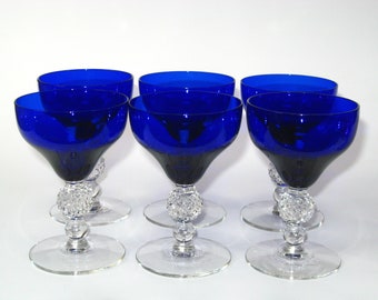 Set 6 Ritz Blue GOLF BALL Morgantown "Old English" Cocktail Glasses 4-1/4"; Vintage Depression Glass Barware