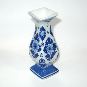 De Porceleyne Fles Royal Delft Square Baluster Bud Vase; Handpainted Blue Floral 4&quot; Cabinet Collectible Vintage Signed w/ Label