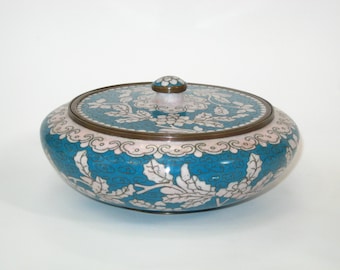 Antique Chinese Cloisonne Lidded Low Bowl Turquoise Blue & White Oak Leaves + Acorns w/ Ruyi  Marked "China" Late Qing/Republic Period