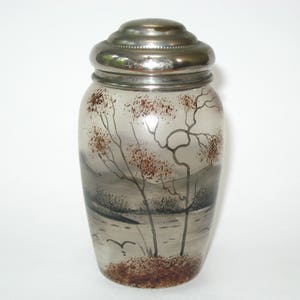 French Hand Painted Enamel Autumn Lake Scene Talcum Powder Bottle; Antique Legras Type Glass Vanity Dresser Jar