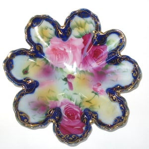 Morimura Bros. Nippon Pink Cabbage Roses Cobalt & Gilt Hand Painted Porcelain Bowl; Antique 8 Lobed Floriform Nappy