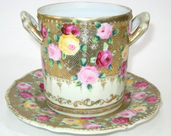 Precioso Royal Kinran Nippon soporte de leche condensada y placa inferior rosas pintadas a mano oro Moriage cuentas faltantes tapa-maceta de flores antigua