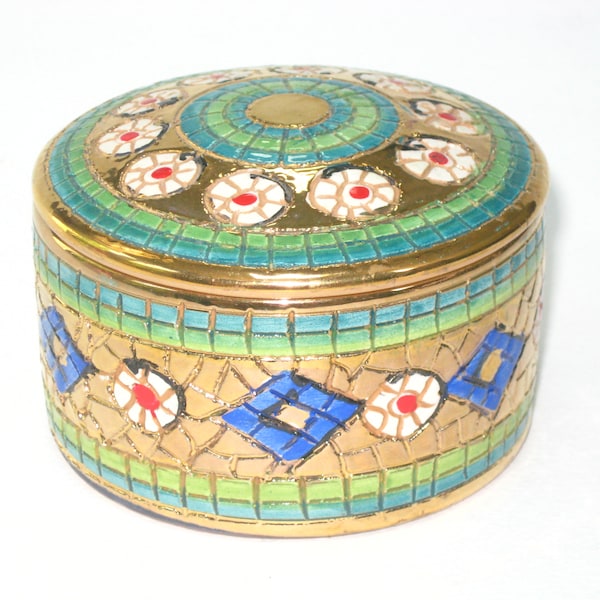 Deruta Byzantine Mosaic Hand Painted w/ Gold Trinket Box Mario Sambuco - Signed Vintage Italian Art Pottery