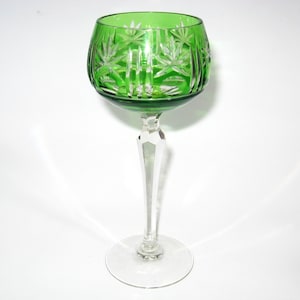 Val St Lambert Style Green Cut to Clear Hock Wine Glass;  Vintage Rhine Wine Crystal Stem