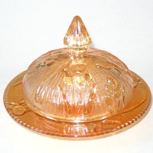 Jeanette Glass IRIS & HERRINGBONE Covered Butter Dish; Vintage Marigold Iridescent Bottom and Dome Lid