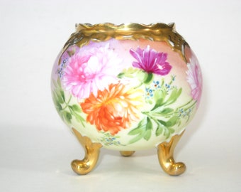 Antique Count Thun's Vienna Austria Porcelain Footed Rose Bowl / Ball Vase with Handpainted Peonies Flowers & Gold Trim