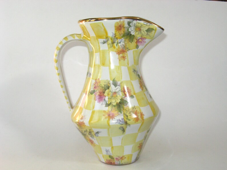 Mackenzie Childs HONEYMOON DANDY LION 9.75 Water Pitcher Jug 1997-Floral on Yellow Checks