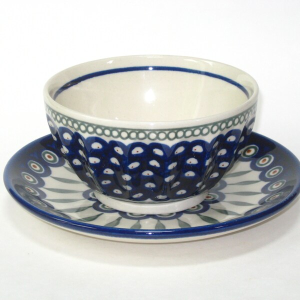 Polish Pottery PEACOCK Pattern Fluted / Ribbed Mayo Sauce Bowl & Underplate Set w/ Label - Hand Made Boleslawiec Poland