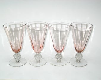 Set 4 Morgantown GOLF BALL Pink 'Anna Rose' Footed Ice Tea Glasses 6-5/8"; Vintage Depression Era Glass Barware