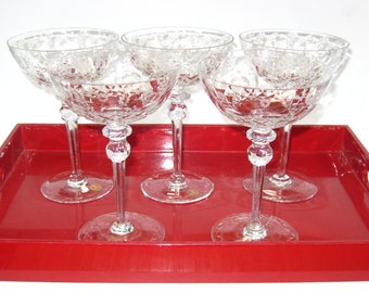 Juego de 5 copas de champán Rogaska GALLIA de cristal de 18 cm con base alta para sorbete - ¡Impresionante! Con etiquetas. Vintage, hecho a mano en Yugoslavia.