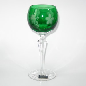NOS Godinger &#39;Crystal Legends&#39; GRAPE Emerald Green Cut to Clear 7.75&quot; Hock Wine Glass Made in Hungary;  Original Label 24% Lead Crystal
