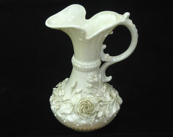 Belleek 3rd BLACK MARK Pitcher Vase w/ Applied Roses & Flowers MINT; Vintage 1926-1946 Irish Ivory Porcelain Luster Glaze
