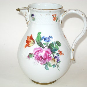 Antique 19th Century Meissen Crossed Swords Mark Dresden Flowers Basketweave Pitcher Twig Handle Gilt Trim Repaired Foot