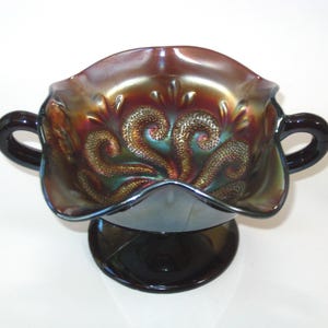 Antique Dugan OCTOPUS aka QUESTION MARKS Carnival Glass Handled Compote/ Pedestal Bowl Amethyst Base