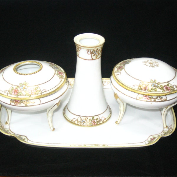 Antique Morimura Nippon Vanity Dresser Set; 4 Piece Handpainted Porcelain w/ Gold Beading: Tray, Hair Receiver, Hat Pin Holder & Powder Jar