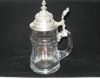 Bohemian German Cut Crystal Beer Stein Tankard w/ LABEL Rein Zinn Pewter Lid AS NEW; Vintage 1 Pint Oktoberfest Bar