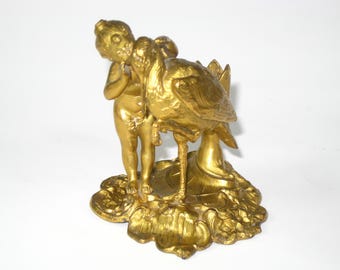 Antique French Empire Figural Cherub Whispering to Stork Gilt Metal Pen or Quill Holder Desk Ornament