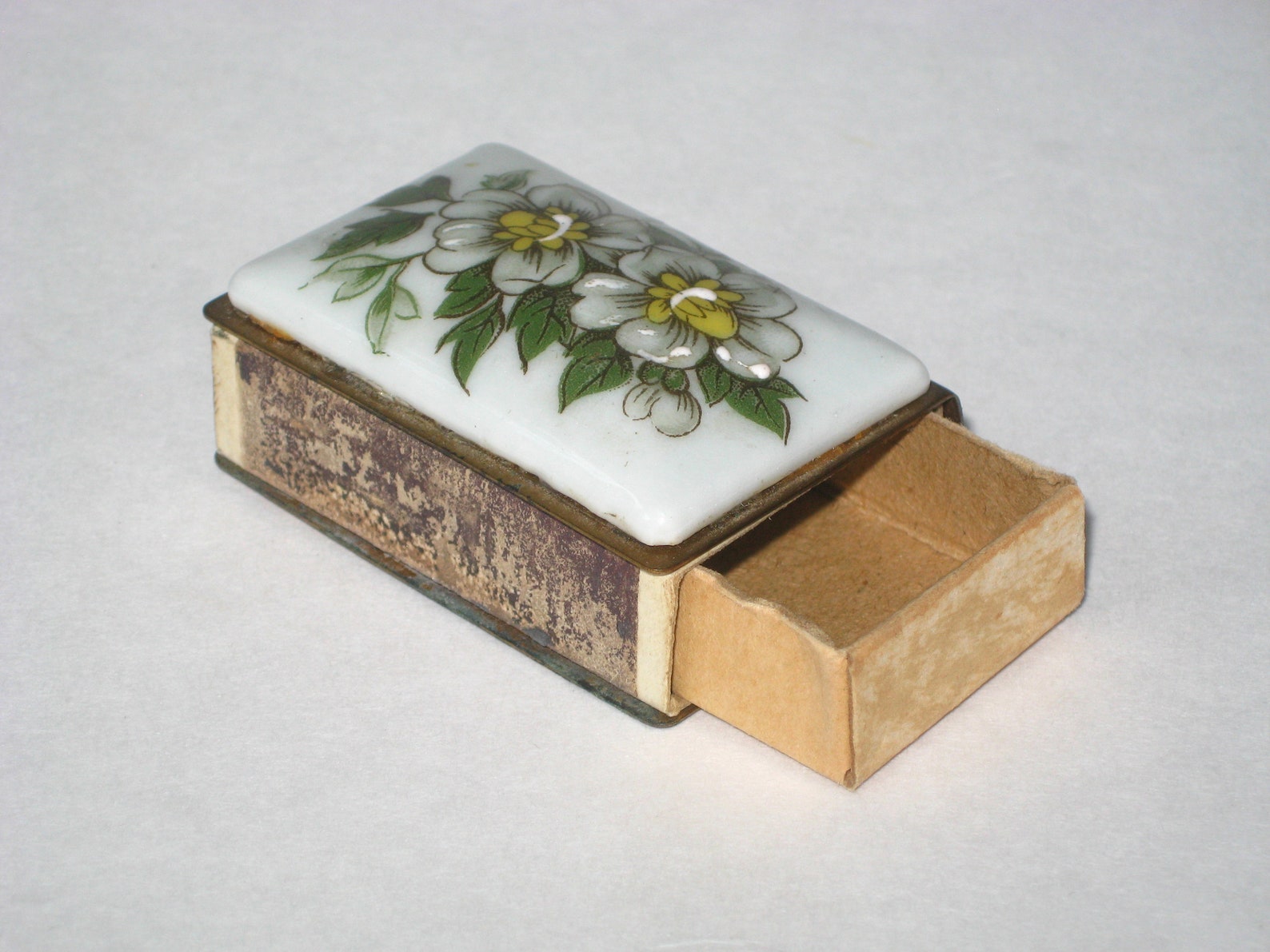 Vintage Brass Match Box Porcelain Lid w/ White Flowers & Etsy