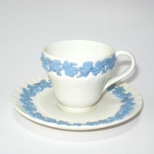 Wedgwood QUEENSWARE Lavender Blue on Cream Demitasse Cup & Saucer w/ Shell Edge; Vintage Demi  Set England