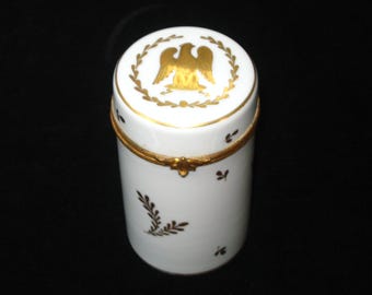 Limoges France Decor Main Gold Napoleonic Imperial Eagle Porcelain Casket/ Hinged Tall Trinket Box; Vintage Signed Dresser Jar