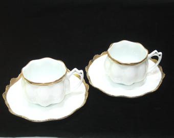 Pair Anna Weatherley ANNA'S GOLDEN PATINA Coffee Tea Cups & Saucers White w/ Handpainted Gold Porcelain