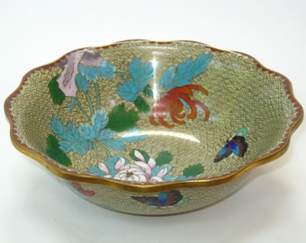 Cloisonne chino grande 8+" esmalte festoneado tazón crisantemo flor y mariposa etiqueta parcial