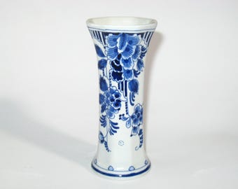 De Porceleyne Fles Royal Delft Octagonal Flared 5.5" Bud Vase; Vintage Handpainted Blue Floral Cabinet Collectible 1st Quality w/ Label