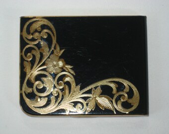 Retro ELGIN American Ladies Mirrored Powder Compact Black Esmalte w / Gold Flowers & Scrolls