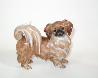 Augarten Wien Pekinés Figura Real Viena Austria; Perro de porcelana pintado a mano firmado vintage