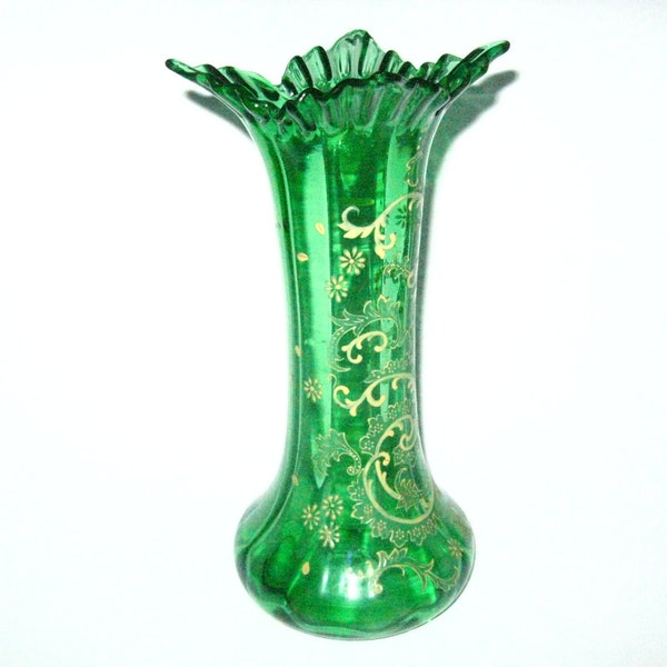 Antique Uranium Green Panel Optic Art Glass Vase w/ Ruffled Crimped Rim 11.75" Tall - Bohemian Hand Painted Yellow Enamel & Gold Scrolls